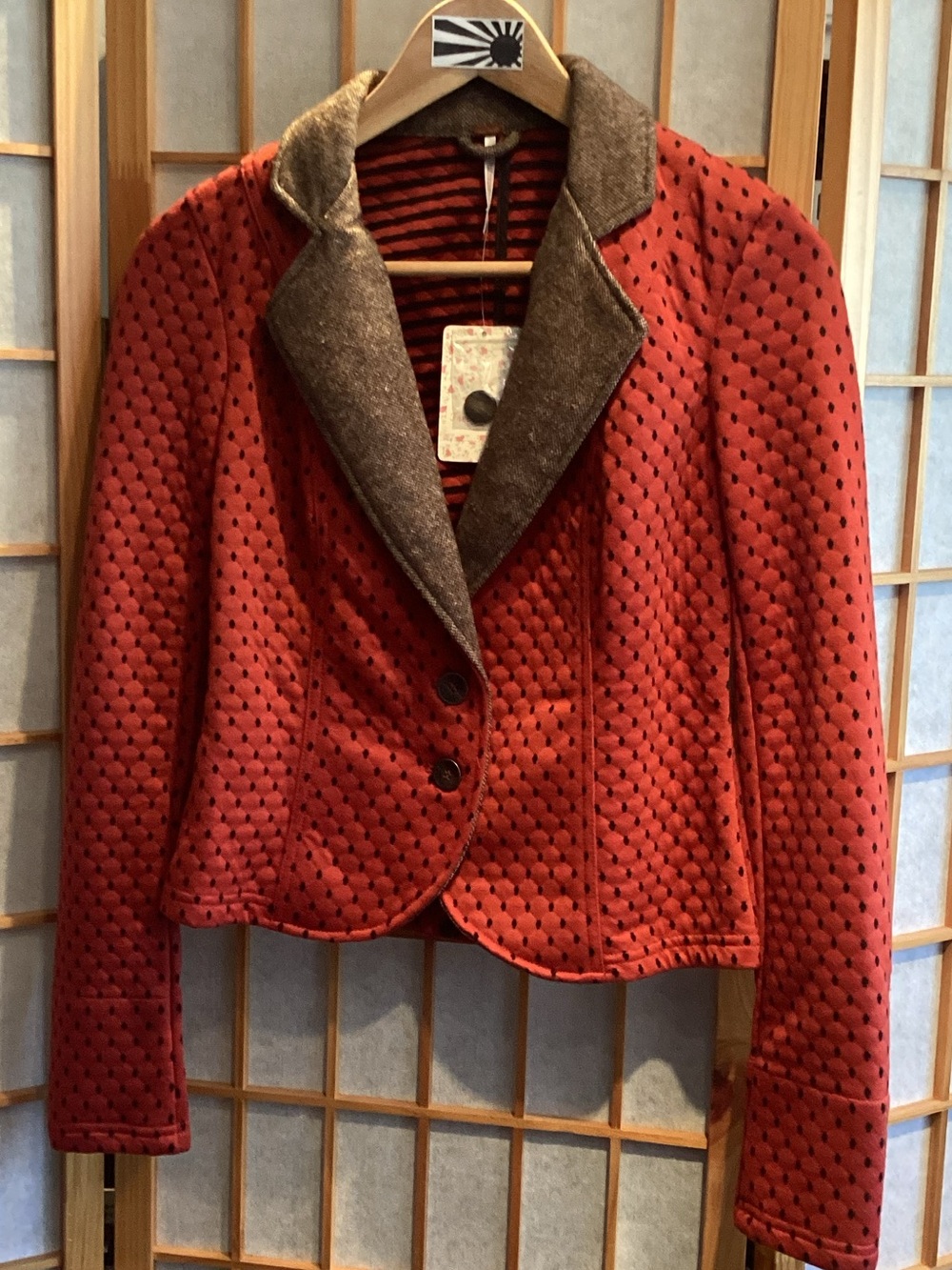 Free People Diamond Textured Knit Polka Dot Blazer Red Combo Women's Size XS